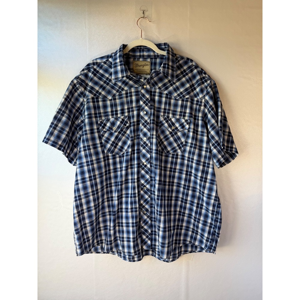 Wrangler Mens 2XL Big Blue Plaid Western Snap Short Sleeve Shirt